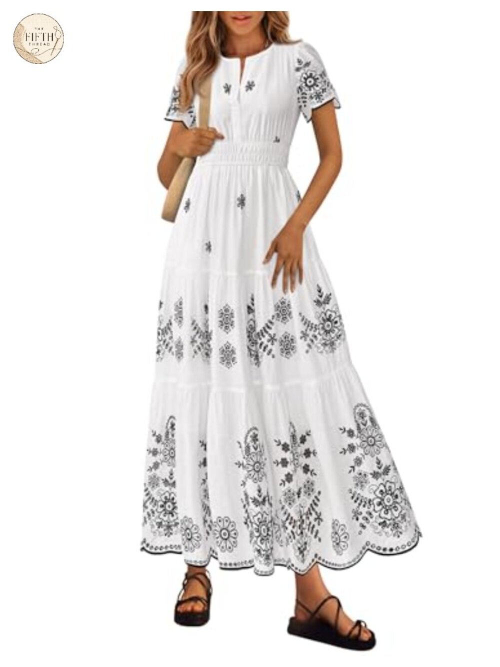 Womens Floral Maxi Dress Boho V Neck Short Sleeve Tiered Cotton